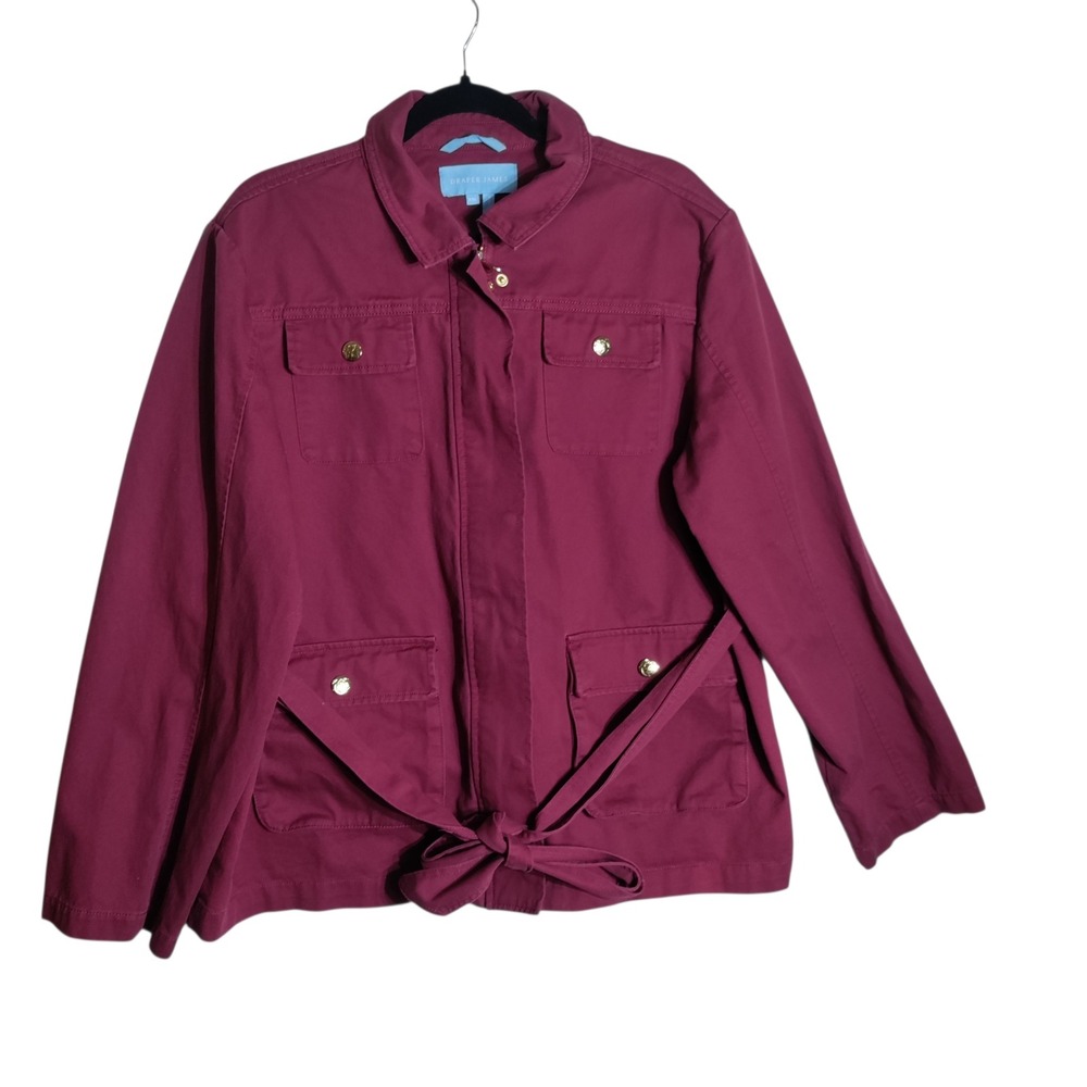 Draper James Women XXL Berry Wine‎ Cotton Utility Jacket Gold Buttons Waist Tie